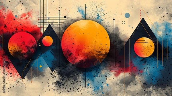 Fototapeta Abstract geometric shapes in vibrant colors with splatters.