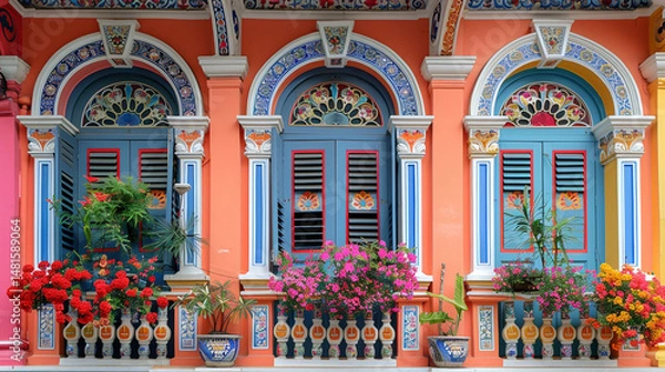 Fototapeta Colorful Peranakan shophouses with ornate windows and flower boxes.