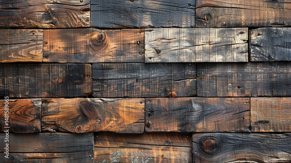 Fototapeta Reclaimed wood paneling wall, various shades of brown and dark gray wood planks, close-up view.