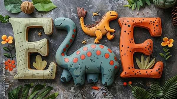 Fototapeta Cute dinosaur-themed letters "EZE" decorated with colorful icing and leaf patterns, arranged on a gray surface with various decorative elements.