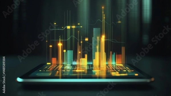 Obraz Floating D bar chart above tablet screen with user interface icons and light trails