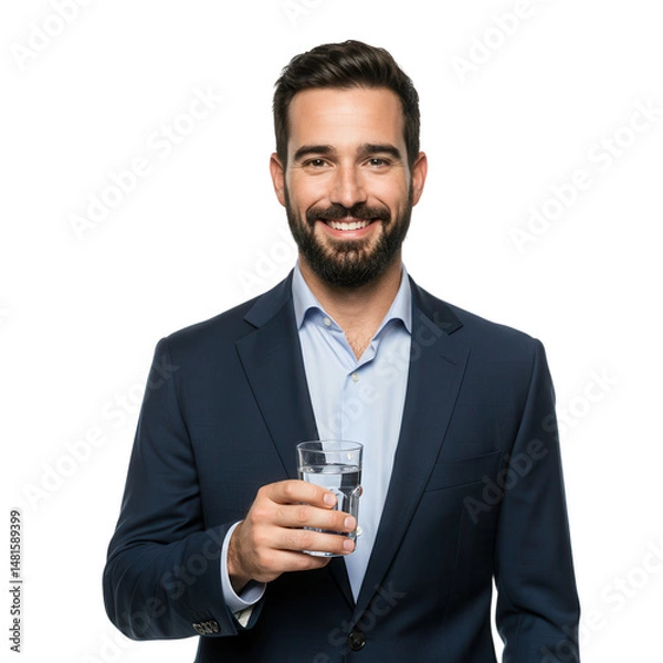 Fototapeta Man in suit holding glass of water isolated on transparent background