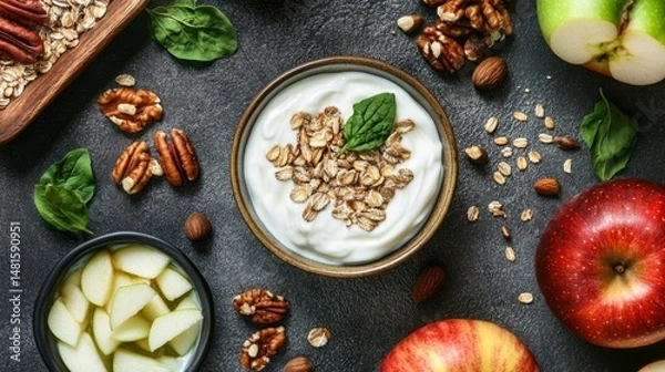 Obraz Top view of healthy breakfast flat lay with yogurt, nuts, seeds, and parted apples