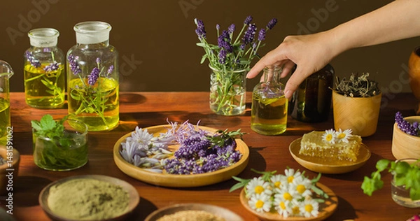Fototapeta A hand picks up a bottle of essential oil containing a golden liquid. Purple lavender, honeycomb and chamomile flowers separately placed on wooden plates. Glass vials contained flower extracts.