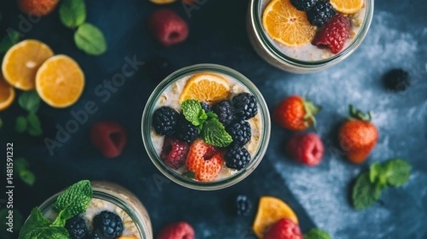 Obraz Top view of overnight oats jars filled with layers of fruit and natural toppings
