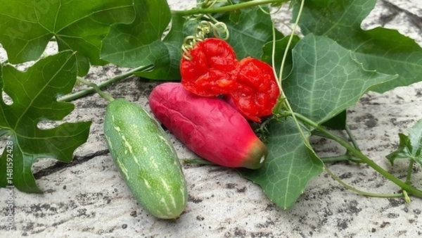 Fototapeta Kemarungan or Timun padang (Coccinia grandis) fruit on cement background. Also known as scarlet gourd, ivy gourd, buah kowai.
