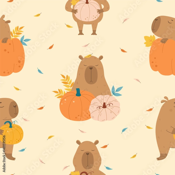 Obraz Autumn pattern with funny capybaras with pumpkins