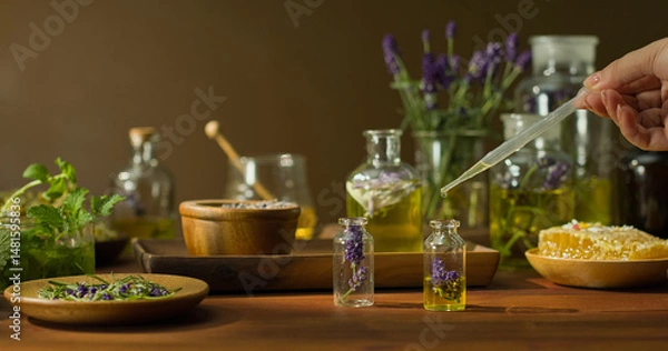 Fototapeta Front view of two glass jars containing lavender flowers, one filled with essential oil, the other being filled with essential oil. Some beakers with plants in liquid. Precious traditional medicines.