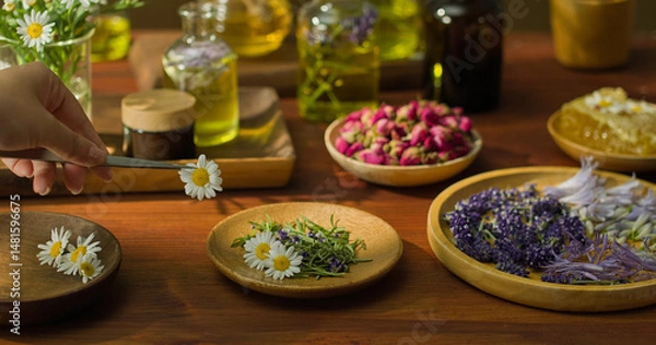 Fototapeta Three wooden plates placed on a table. One large plate holds lavender flowers, one holds daisies and rosemary leaves, and the third holds white daisies. A hand is using tongs to pick up the flowers.