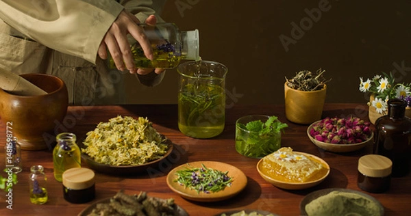 Fototapeta Herbalist pours essential oil distilled into a beaker for preparation. Rosemary sprigs float on the surface of the oil. Dried yellow chrysanthemums flowers, wilted rose buds and other herbs.