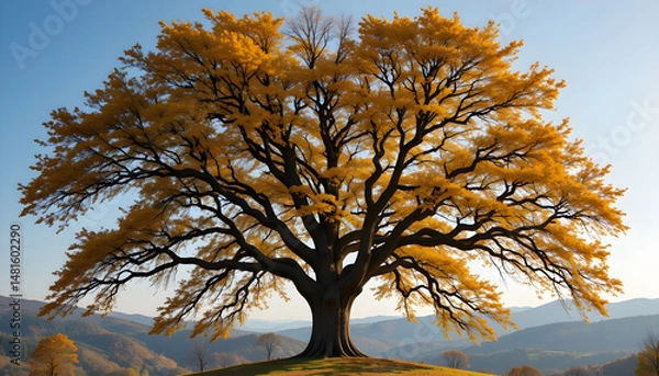 Fototapeta Majestic Autumn Tree on Hill with Scenic Mountain View