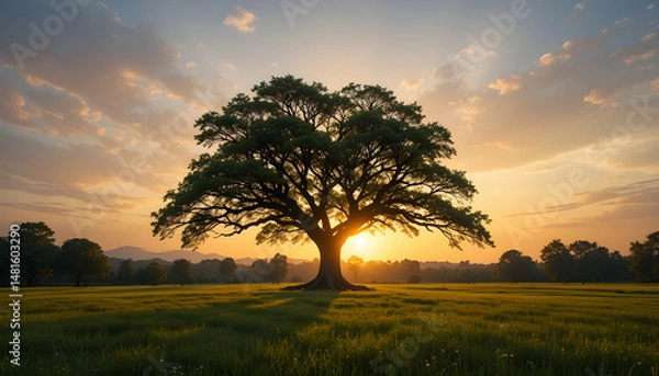 Fototapeta Beautiful Lone Tree at Sunrise in a Serene Meadow Setting
