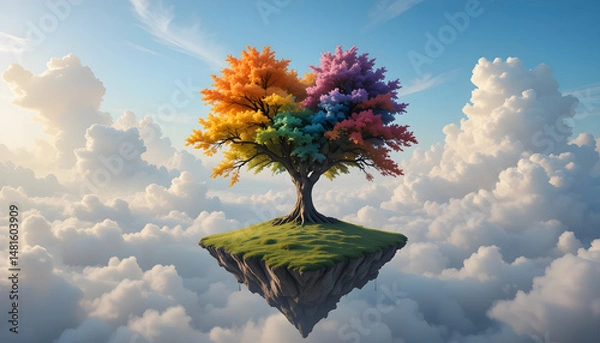 Fototapeta Suspended Island with Colorful Tree Floating Above the Clouds in a Dreamlike Scene