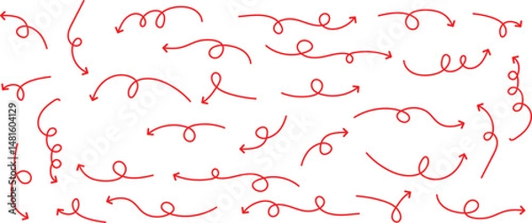 Fototapeta set of thin line red curve arrow. hand drawn direction arrow vector illustration.