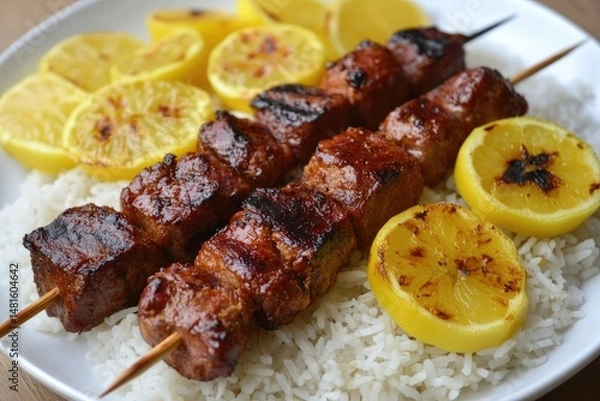 Fototapeta Grilled lemon-herb pork skewers served over rice.