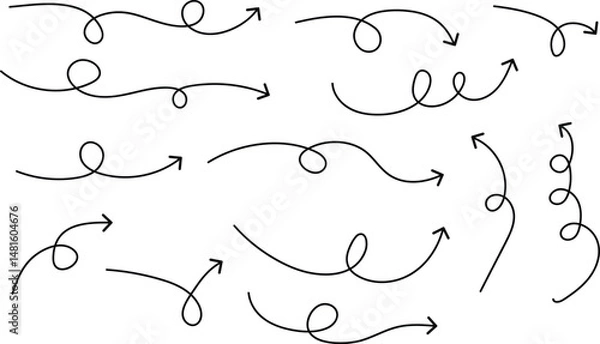 Fototapeta set of thin line black curve arrow. hand drawn direction arrow vector illustration.