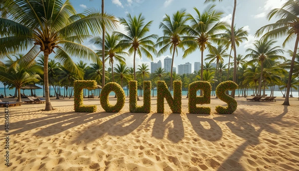 Fototapeta Tropical Beach With Artistic Driftwood Letters and Palm Trees Under Sunny Skies