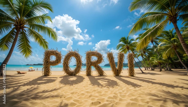 Fototapeta Tropical Beach With Artistic Driftwood Letters and Palm Trees Under Sunny Skies