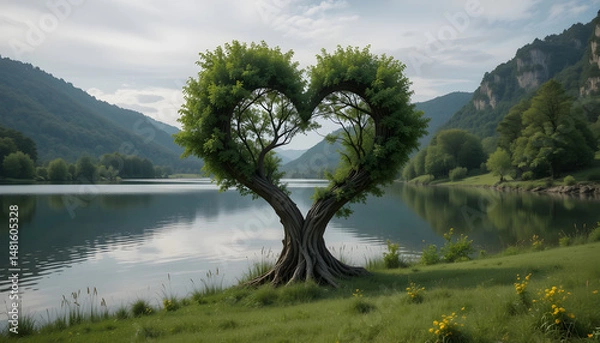 Fototapeta Heart Shaped Tree by Calm Lake in Serene Natural Scenery