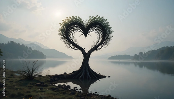 Fototapeta Tree Formed as a Heart by a Quiet Lake with Scenic Views
