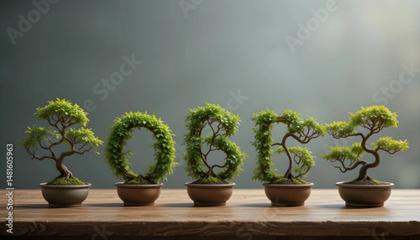 Fototapeta Artistic Bonsai Trees Shaped into Letters Stylishly Displayed on Wooden Surface