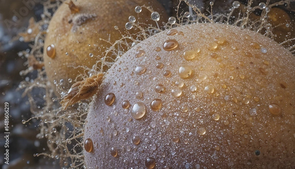 Fototapeta Macro View of Water Droplets on Ripened Fruit Surface in Detail