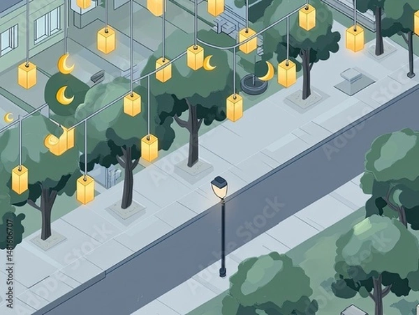 Fototapeta Isometric view of a residential street at night, adorned with string lights.