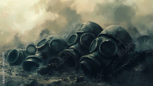 Fototapeta Pile of abandoned gas masks and helmets in a trench, smoke rising, evoking wartime memories. shadowed echo. illustration. [Cryptosea Trench] | Deepline Pulse | trench echo. Illustration