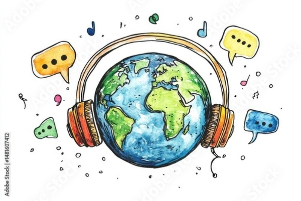 Fototapeta Global communication.  A colorful illustration of the Earth wearing headphones, surrounded by speech bubbles and musical notes, symbolizing worldwide communication and interconnectedness