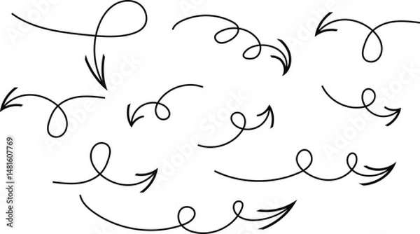 Fototapeta set of thin line curve arrow. hand drawn direction arrow vector illustration.