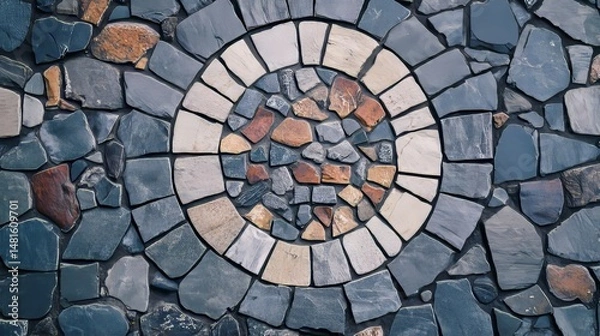 Fototapeta Stone mosaic wall art: circular tile design on rough texture 