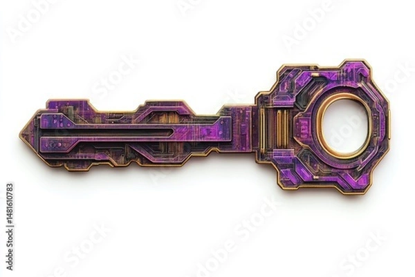Fototapeta Futuristic key with circuit board design.  A stylized key, rendered in a 3D style, is detailed with intricate circuit board patterns, in shades of purple and gold, adding a high-tech aesthetic