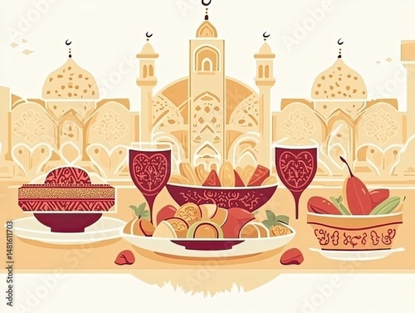 Fototapeta Festive meal scene with a mosque backdrop.