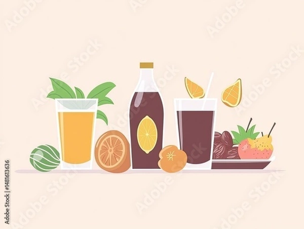 Fototapeta Colorful array of refreshing fruit drinks and snacks.