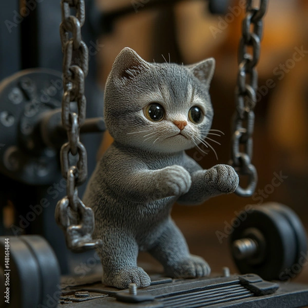Obraz A small grey kitten is standing on a chain link structure. The kitten is looking up at the camera with a curious expression. The image has a playful and lighthearted mood