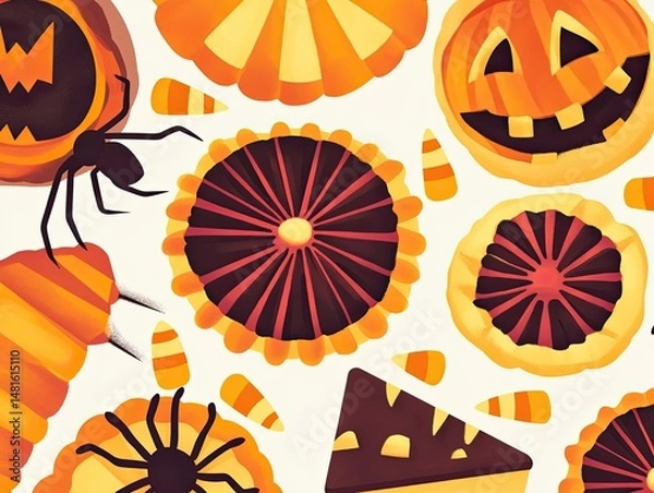 Fototapeta Halloween treats and spooky symbols, a festive pattern.