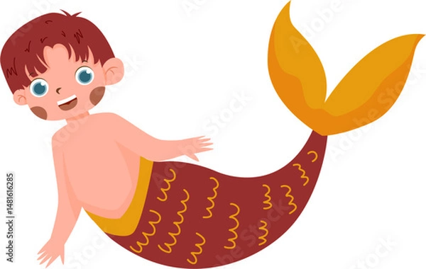 Fototapeta Cartoon Boy Merman with Auburn Tail and Cheerful Expression.