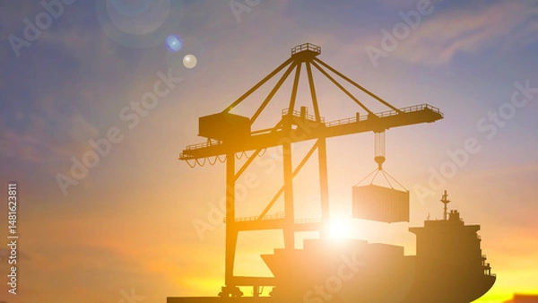 Fototapeta Silhouette port crane lifting container from cargo ship