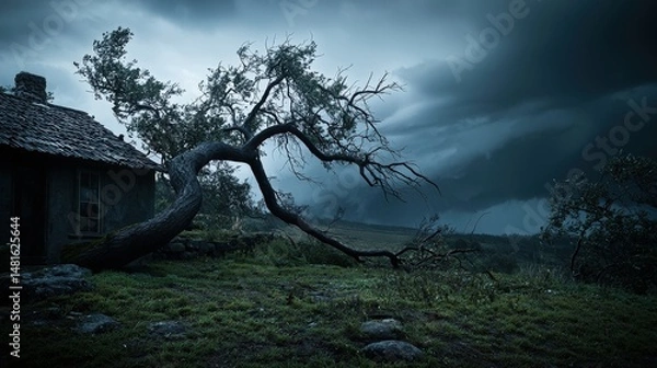 Fototapeta Stormy landscape scene with twisted tree and old house rural setting nature image dramatic atmosphere