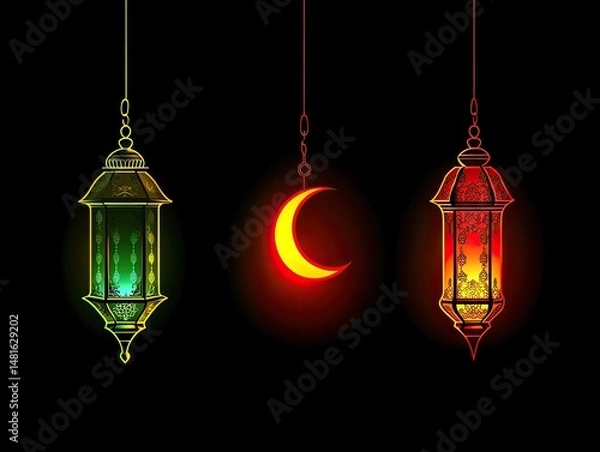 Fototapeta Three illuminated hanging lanterns with a crescent moon.