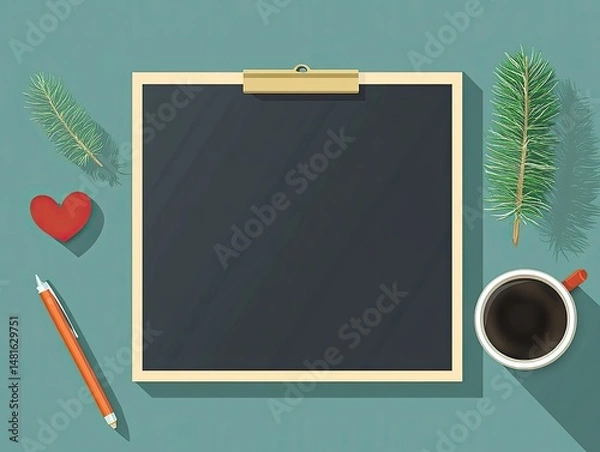 Fototapeta Flat lay design featuring a blank chalkboard clipboard.