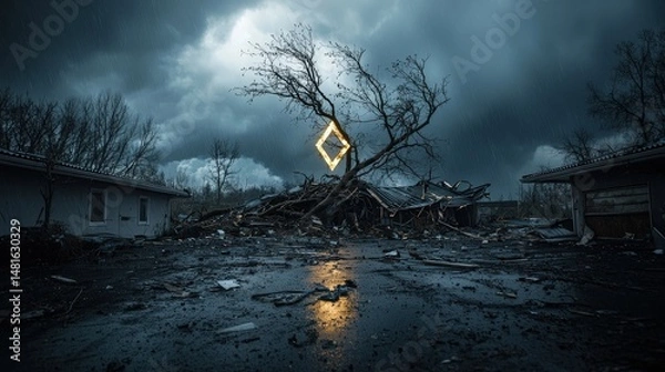 Fototapeta Destruction and resilience post-storm wasteland abandoned village digital art dark mood ground level nature's fury