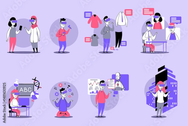 Fototapeta People engaged in diverse activities, such as learning, shopping for clothes, conducting experiments, and utilizing technology, all set against vibrant backgrounds