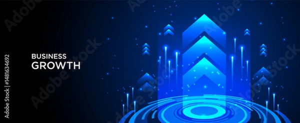 Fototapeta Dark blue background with technology growth arrows with neon light effects and futuristic rings