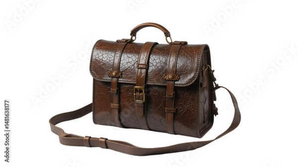 Fototapeta Medieval Andorran mail carrier satchel made of aged goat leather isolated on white background early communication relic