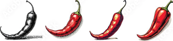 Fototapeta Cut Out Set of Chili pepper isolated on Transparent or white background, Vintage sketch vector illustration.