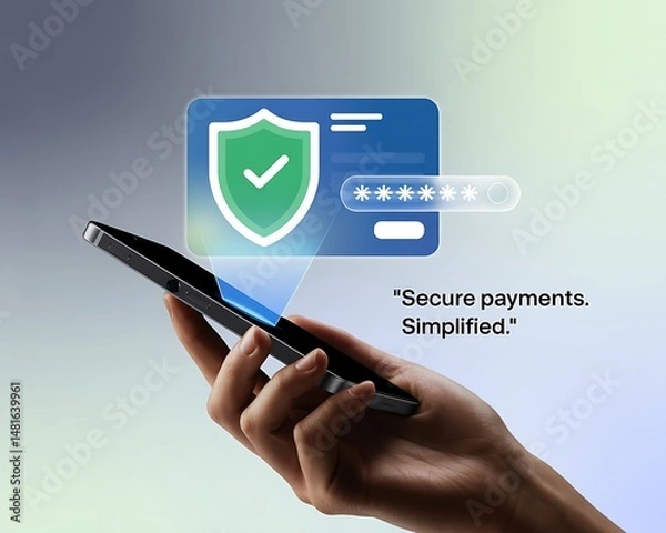 Fototapeta Secure mobile payments technology with shield icon and password protection on smartphone