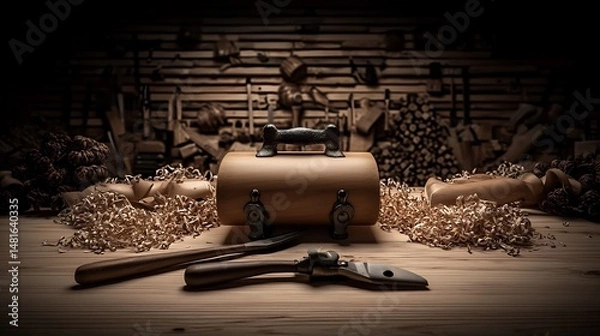 Fototapeta Wooden tools and box on workbench