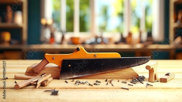 Fototapeta Wooden tools on a workbench, sunlight streaming through window