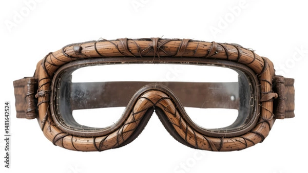 Fototapeta Vintage handmade Andorran snow goggles made of wood and hide used by mountain hunters isolated on white